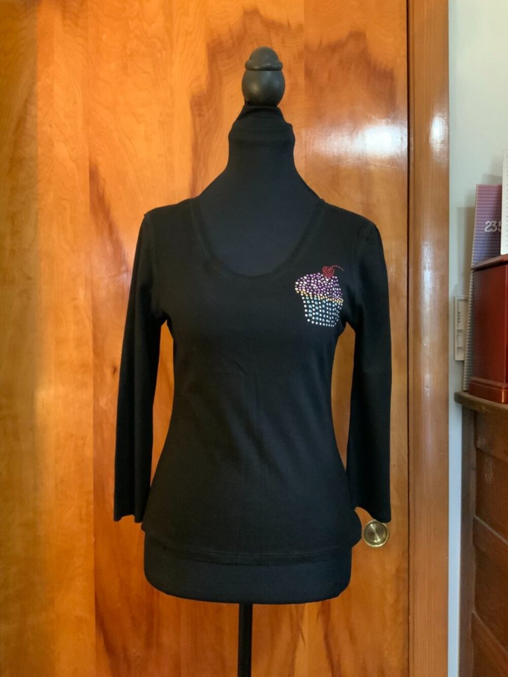 Vintage Y2K Z Cavaricci Junior Size L Black 3/4 Sleeve Rhinestone Cupcake  Top